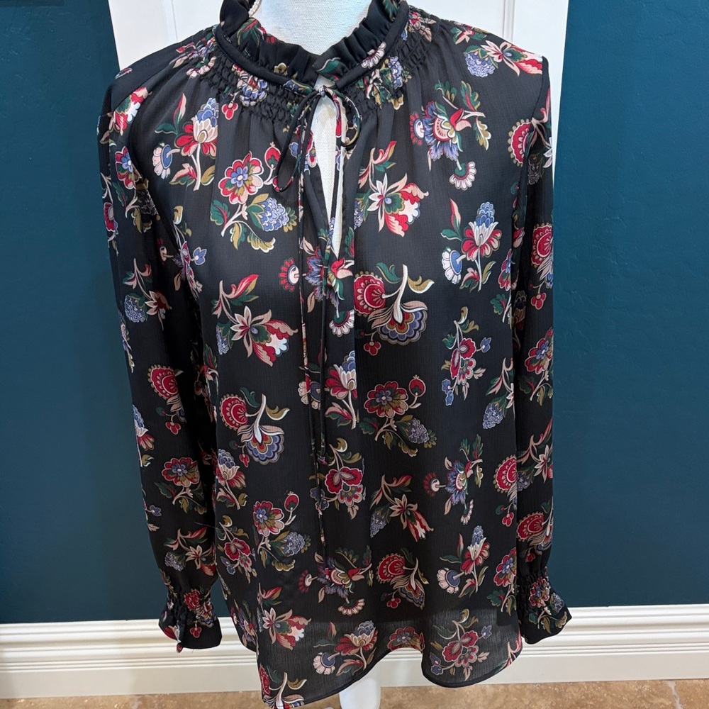 Ann Taylor long sleeve black with floral design blouse
